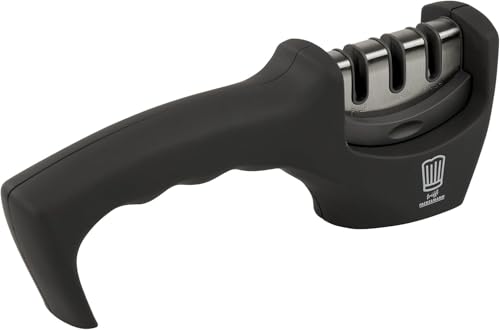 Chefkoch Messerschärfer in Grau/Silber - 3-Stufen Präzisions-Schärfen (Aufrichten, Schärfen, Polieren) - 210x50x75mm - Ergonomischer Griff - 5 Jahre Herstellergarantie