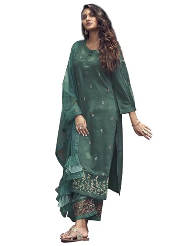 Image of INDO ERA Women's Chiffon Embroidered Straight Kurta Trouser With Dupatta Set