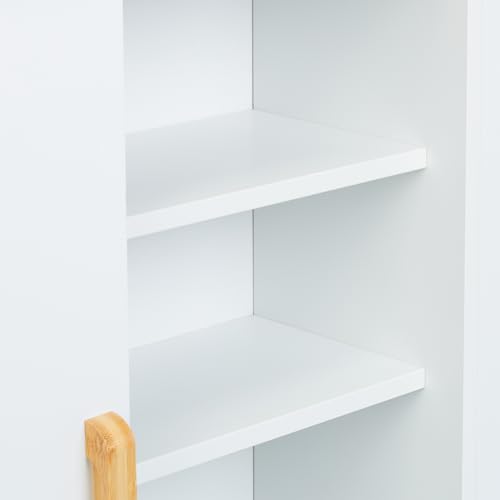 Relaxdays Nischenschrank, 4 Fächer, WC-Bürstenhalter, HxBxT: 62 x 19,5 x 64 cm, Bad, MDF, Bambus, Rollwagen, weiß/Natur