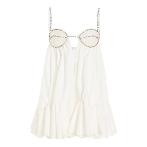 Soliloquy Women Y2K Going Out Mini Dress Spaghetti Strap Low Cut Backless Ruffle Short Dresses Party Clubwear(Glitter White, S) #TOP3