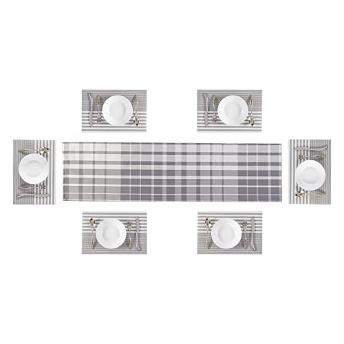 Quiltina Washable Waterproof Placemats And Long Table Runner Set Of 7 For Kitchen Dining Table, Wipeable Place Mats With Non-Slip Heat-Resistant, 17.4''X11.4''+108”X14'', Striped Pattern #TOP28