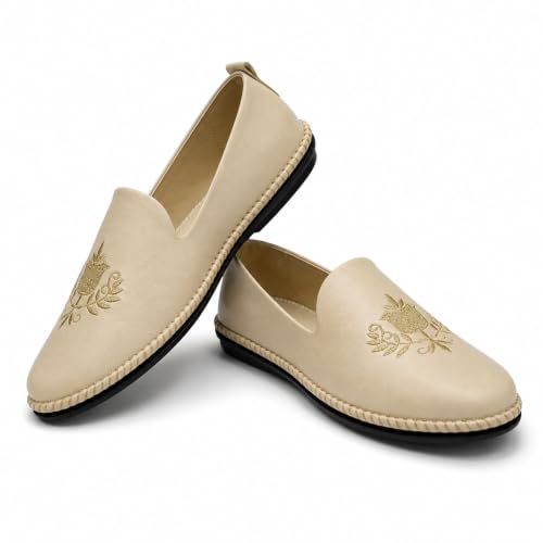 Image of Punjabi Mojaris Mens Shoes Cream Wedding for Groom,Traditional Indian Footwear Ethnic Peshawari Slippers