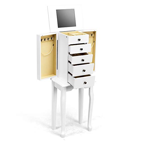 GOPLUS Schmuckschrank mit Spiegel, Schmuckkasten mit 4 Schubladen und Gitterfächer, mit Seitentüren inkl. Haken, Schmuckkommode Aufbewahrungsschrank Klappbar aus MDF und Massivholz, Weiß