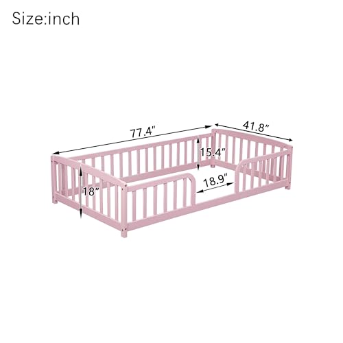 Image of Bellemave Twin Size Montessori Floor Bed Frame with High Fence, Solid Wood Kids Floor Bed with Central Entrance, Low Profile Bed for Boys & Girls, Rounded Corner Design,Pink
