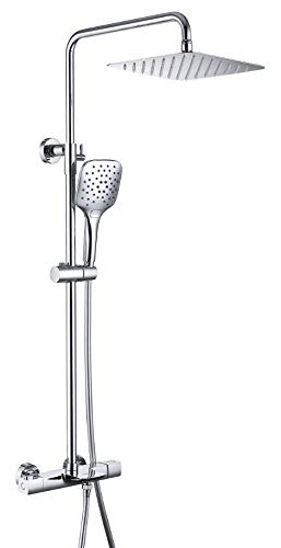 WELQUIC Columna de ducha con mezclador termostático, Columna de ducha termostática ajustable en altura Columna de ducha mecánica Kit de ducha en latón cromado macizo