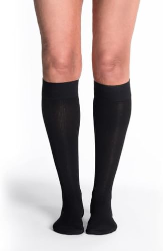 Image of SIGVARIS Women's Essential Cotton 230 Closed Toe with Grip-Top Calf-High Socks 20-30mmHg - Black - Small Long