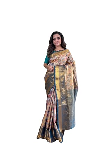 Women’s Kanchipuram Silk Saree with Golden Zari Weaving Rich Pallu & Zari Border Traditional Wedding Wear (Denim)