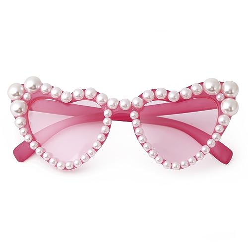 PEGH Kids Heart Shaped Sunglasses for Girls Pearl Party Sunglasses Cat Eye Bling Sun Glasses UV400 Protection