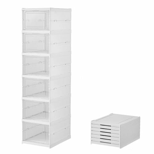 Aquafix シューズボックス 6段 折りたたみ 透明 シューズケース 大容量収納ボックス 下駄箱 靴箱 省スペース 高耐久 工具不要 防塵 通気（ホワイト）