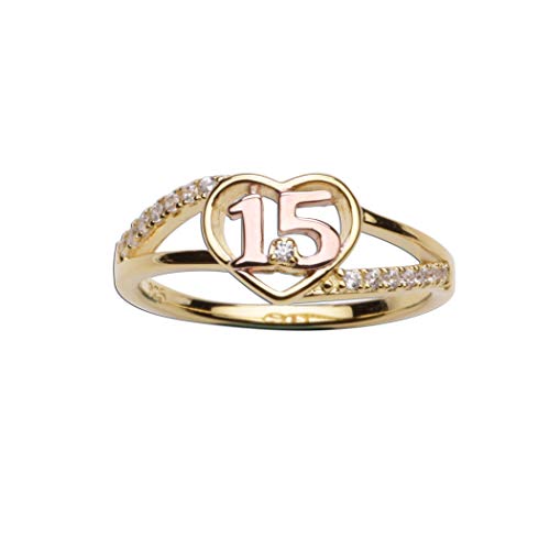 Sterling Silver with Gold-Plating Heart Ring for Quinceanera Gift, Girls Sweet 15 Present with 15 Sparkling CZs (Size 5)
