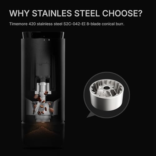 TIMEMORE Molinillo de café eléctrico portátil con mecanismo octogonal patentado S2C-042-EI, 30 niveles de molienda para café espresso, jarra de prensa/Moka Pot, compacto para el hogar