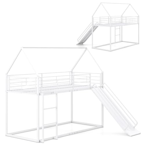 LIFEZEAL Estructura de Cama Alta de 90 x 200 cm, para Niños, Adultos, con Barandilla, Somier de Metal, Tobogán, Escaleras, Forma de Casa, Litera Montessori, para Dormitorio Infantil (Blanco)