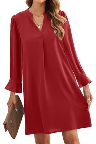 ANFTFH Kleid Damen Winter Herbst Langarm V-Ausschnitt Minikleid für Damen, Winterkleid Elegant Gerade Röhrenkleid Pulloverkleid Damen weihnachtskleider Damen Rot L