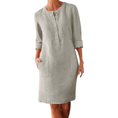 Sportliches Kleid für Damen, Baumwolle und Leinen, Knopfleiste, Hemdkleid, Übergröße, Rundhalsausschnitt, lange Ärmel, lässig, lockere Kleider...
