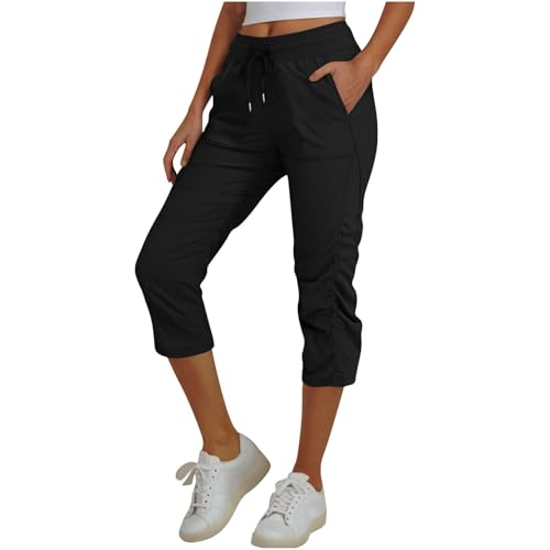 Oplxuo Women Capri Pants Ruched Summer Trendy Casual High Waist Drawstring Cropped Pants Beach Vacation Capris with Pockets
