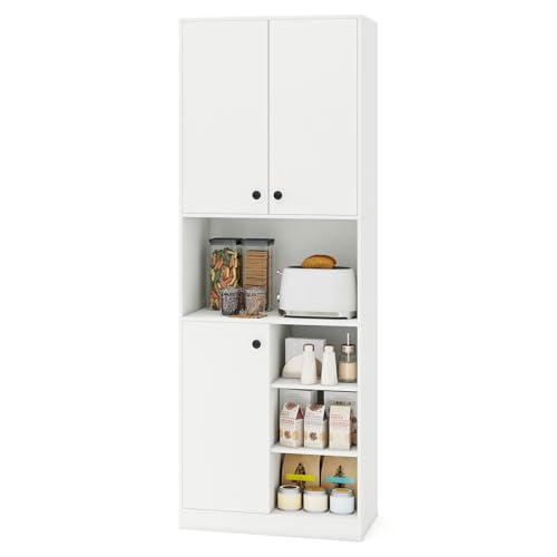 GIANTEX Buffet Salle à Manger Haut, Meuble de Rangement Cuisine avec 4 Étagères Ouvertes, 2 Armoires avec Portes, Dispositif Anti-basculement, pour Salon,...