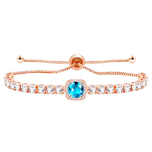 Image of Rose Plated Gold Brass Box Chain Cubic Zirconia Classic Tennis Slider Adjustable Bracelet, Round Big Zircon Charm Give Woman Mom Mother's Day Fashion Crystal Gift