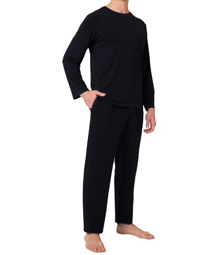 Image of BAMBOO COOL Mens Pajama Set Bamboo Viscose Soft Pijamas Sets for Men Long Sleeve Full Length Pants Pjs Sleepwear with Pockets