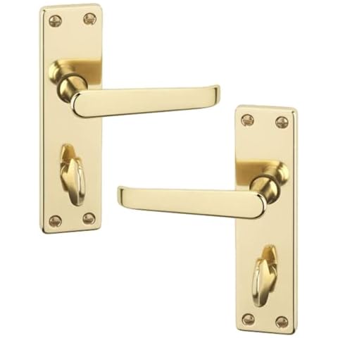 URFIC Door Handle for Internal and External Doors Victorian Set of 2 Polished Brass Bathroom Lock on Plate.  Sleek Design Levers for Wooden Kitchen and Bedroom Interior UPVC Exterior Doors Cover