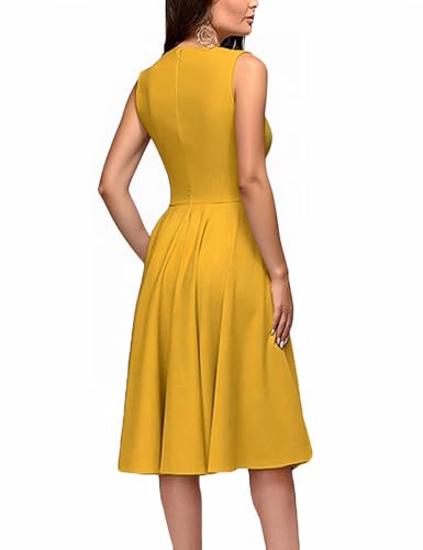 Image of FENJAR Women's Elegance Audrey Hepburn Style Ruched Dress Round Neck Sleeveless Swing Midi A-line Dresses (US, Alpha, X-Large, Regular, Regular, Yellow)