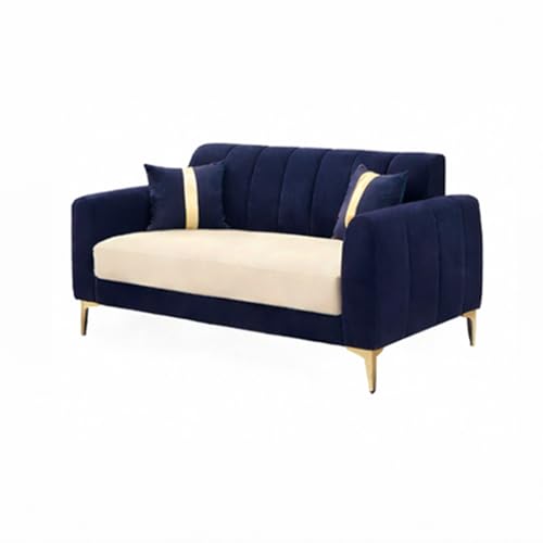 Image of Hermione Luxe Velvet-Suede Fabric 3 Seater + 2 Seater Sofa Set | Golden Legs | Comfortable & Spacious Seating | Modern Sofa Set for Living Room - Dark Blue & Cream