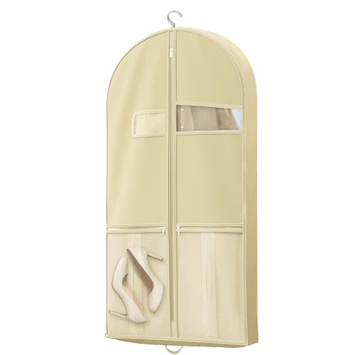 Lazebox 43' Travel Garment Bag with Accessories Zipper Pocket, Heavy Duty Suit Bag for Suits, Tuxedos, Dresses, Coats, Beige, 1 pack