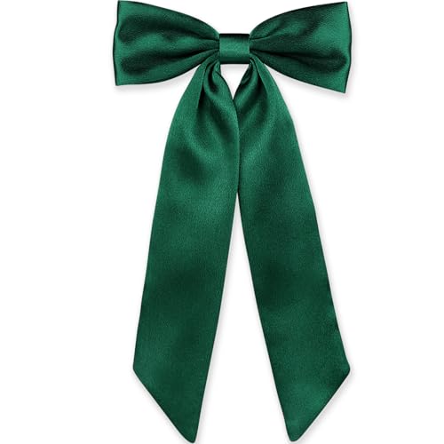 WantGor Long Tail Bow Hair Clips Hair Ribbon Bows Satin Bowknot Clip Large Hair Barrettes Cute Ponytail Holder Hair Accessories for Women Daily Party Wedding Prom (Green)