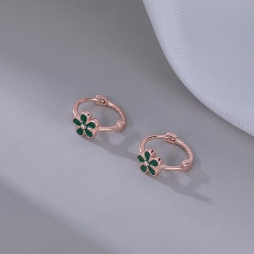 Reffeer Solid 925 Sterling Silver Flower Hoop Earrings Daisy for Women Teen Girls Green Flower Hoop Earrings Huggie4
