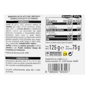 Banderillas Gildas Hacendado pinchos de aceituna, anchoa y guindilla en aceite de girasol Paquete 125 g (75 g escurrido) Pack 2