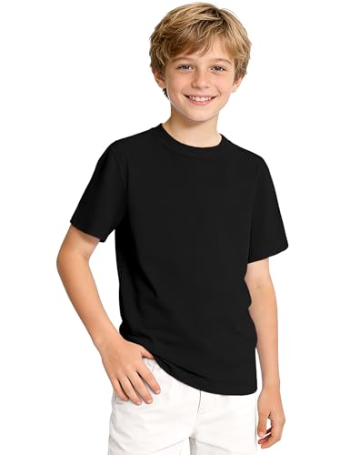 KEREDA Boys Short Sleeve Shirts Kids Summer Crewneck T-Shirts Casual Basic Cotton Plain Tops Tees Size 9-10 Years Black