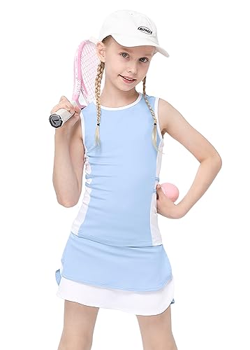 LIONJIE Kids Girls Tennis Golf Outfit Sleeveless Dress Tank Top Skorts Skirts Athletic Sets with Shorts Pockets 3-12Y, Light Blue, 11-12 Years