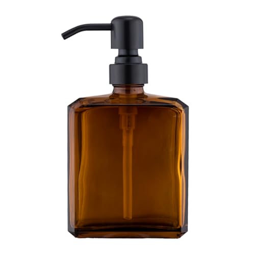 Image of Amber Soap Dispenser Square Bottle and Black Pump, Glass Dish Soap Dispense, Refillable Hand Soap Dispenser with Stainless Steel Pump, 13.5 oz Lotion Dispenser for Bathroom, Kitchen Countertop