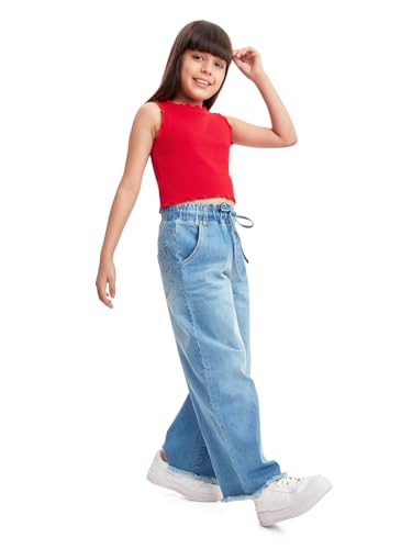 Image of olele Girls Super Jeans Collection for 4-14 Yrs | Stretchable Cotton Denim Trousers | Blue Jeans for Kids | Baggy Denim Pants | Cargo Pants for Girls