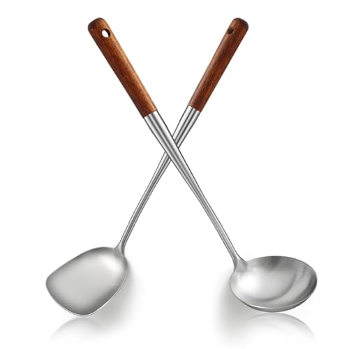 ReaNea Wok-Pfannenwender & Schöpfkelle, 2-teilig – 43 cm extra lang, Edelstahl-Kopf mit Holzgriff, robust & rostbeständig, handwaschbar – Für...