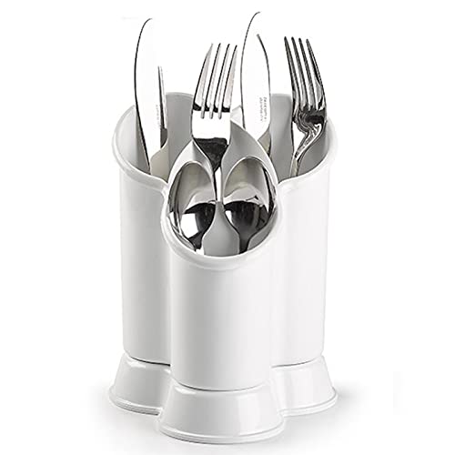 AC - Escurridor de Cubiertos Forma Trebol con 4 compartimientos; Organizador de Cubiertos para Utensilios de Cocina con Soporte de Plástico. Color Blanco.