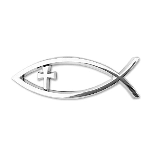 Image of Jesus Fish Christian Car Decals - Chrome Sliver Fish Emblem for Car Truck Badge Bumper Stickers (Cross)