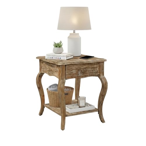 Austerity Rustic Solid Wood End Table with Queen Anne Legs, Drawer and Shelf in Driftwood Finish - Home Décor for Living Room or Office by Alaterre Furniture