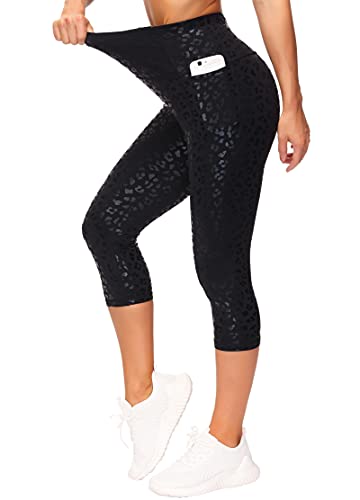 The Gym People Tummy Control Workout Leggings With Pockets High Waist Athletic Yoga Pants For Women Running, Hiking (S-Capris Black Leopard, Medium) #TOP2