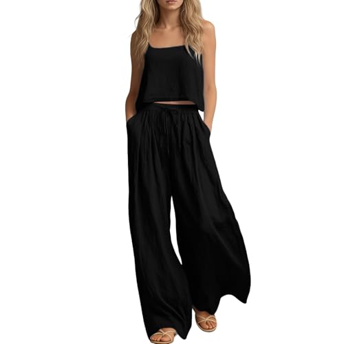 Generisch Conjunto de pantalones de verano de dos piezas de algodón y lino para mujer, conjunto de muselina, ropa de salón, traje de casa, chándal de dos piezas, traje de ocio, pijama, tops y
