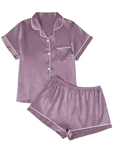 Image of LILLUSORY Silk Satin Pajama Set for Women Summer Two Piece Fall Lounge Pjs | Cozy Matching Sleepwear, Short Sleeve Button Down Shirt and Shorts, Soft Loungewear with Pocket, Cute Trendy Clothing