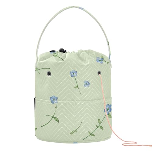 Sfondo verde chiaro con piccoli fiori blu su di esso Borse per filati alluncinetto porta con fori Borsa per organizer per uncinetto a maglia