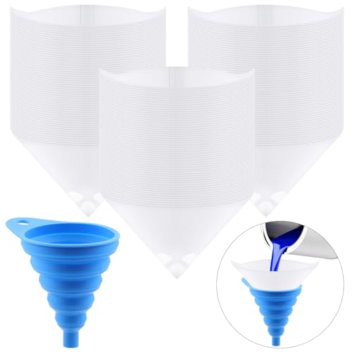 Glarks 101 Pack 100 Micron Paint Strainers Cone Paint Filter with Blue Silicone Funnel, Premium Disposable Filter Tip Cone Shaped Nylon Mesh Funnel for Automotive, Spray Guns, House
