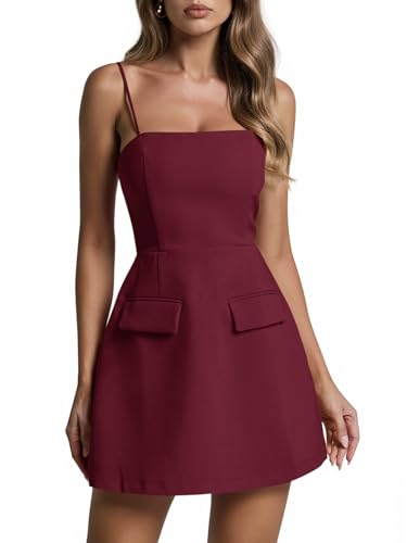 Image of Wenrine Womens Sleeveless Mini Dress Summer Spaghetti Strap Zipper Back Slim Fit Party A Line Dresses