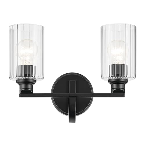 Image of Kichler Gioe 14.25 inch 2-Light Bathroom Vanity Light Fixture with Clear Fluted Glass in Black, Damp Rated for Powder Room Over Mirror (14.25 inch W x 10.5 inch H), 55225BKFLU