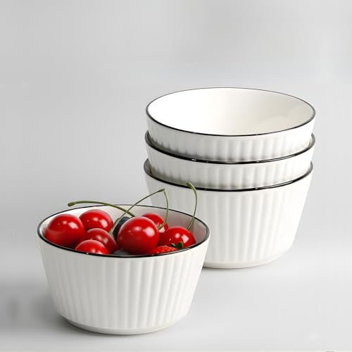 Image of Elegant White Ceramic Dessert Bowls with Black Rim - Set of 4, Ribbed Design, Perfect for Ice Cream, Desserts, Snacks, and More (4 Round Bowls)