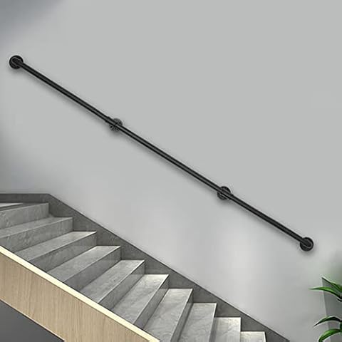ROMYIX Stair Handrail,12Ft Handrails for Stairs, Galvanized Metal Industrial Pipe Railing Indoor Pipe Stair Railing with Wall Mount Support, Round Corner (12FT/3.66M) Cover