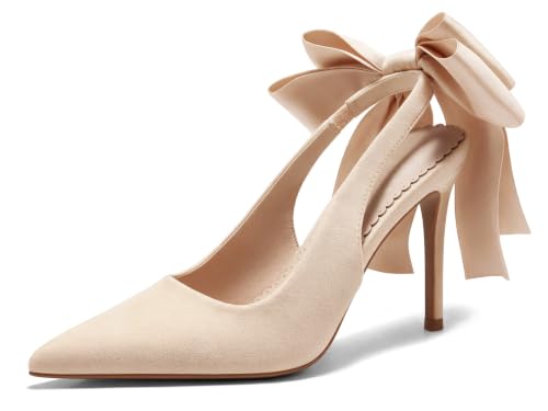 Image of Coutgo Womens Slingback High Heels with Bow Closed Pointed Toe Wedding Bride Dress Shoes Satin Pumps