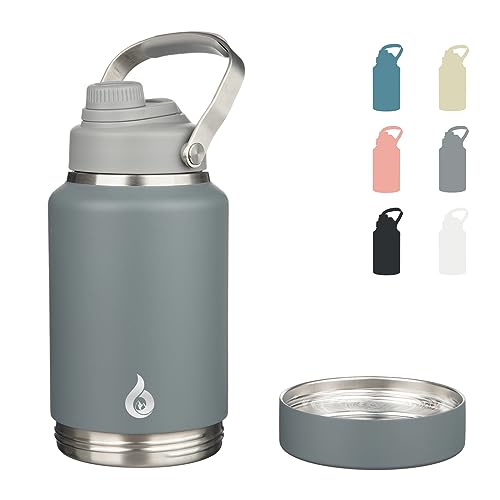 Image of BJPKPK 64oz Insulated Water Bottles, Dishwasher Safe Half gallon Water Bottle with Metal Handle, BPA Free Spout Lid & Detachable Bowl, Large Stainless Steel Jugs, Grey