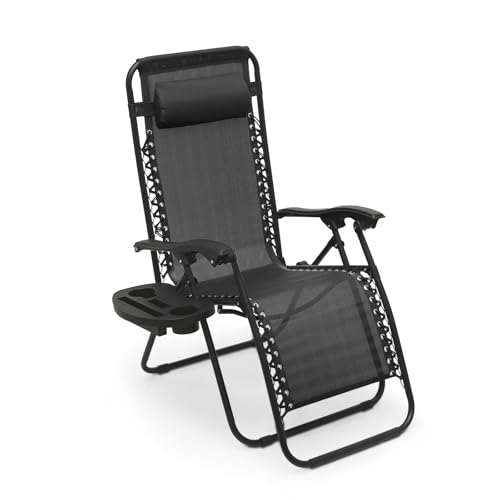Athena Collection Zero Gravity Chair, Outdoor Lounge Chair with Adjustable Pillow and Cup Holder, Reclining Camping Chair for Outside Beach Lawn Garden Patio Poolside - Black