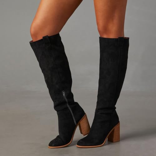 Erocalli Suede Knee-High Boots Fall Boot For Women Chunky Block High Heel Slouch Fashion Boot Round Toe Side Zipper